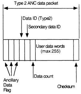 Figure 3.26 Type 1 and Type 2 ancillary data packets showing the data flags, IDs and data words.