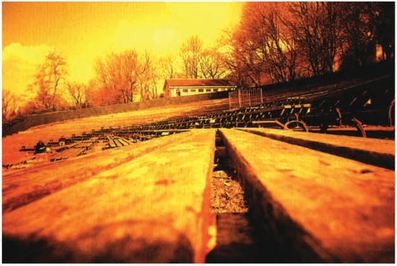 Red Decay This was taken in optimal conditions—lull sunshine on a very bright spring day-so there was no need for silhouettes or sun flares to get the best from the redscale tones. Placing the camera on some old wooden benches in an amphitheater gave me an unusual angle and a wide viewpoint full of textures and tones.