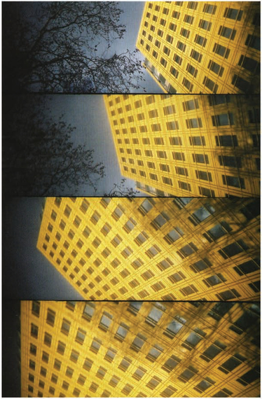 Spinning Office Block I held the camera at arm's length. pointed it toward the building. and twisted my arm as I took the picture to ensure that each frame was at a different angle.