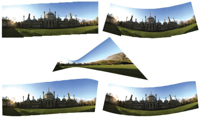 Examples of different ways images can be distorted and put together. Clockwise from left; repositioned, collaged, perspective, spherical, and cylindrical Once you have made your panorama, you would usually crop it.