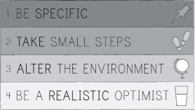 Diagram of Act like a STAR in a rectangle split into four with numbers 1,2,3,4 on the left, and text: BE SPECIFIC, TAKE SMALL STEPS, ALTER THE ENVIRONMENT, BE A REALISTIC OPTIMIST respectively in the middle, and icons at the right of each point in text.