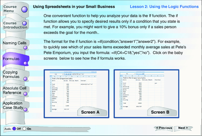 Screen shot shows a tutorial for excel with course menu, title, description and spreadsheet.