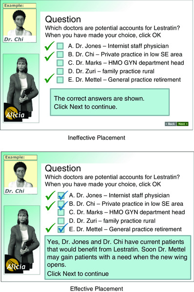 Screen shot show a screen with a question, options along with checkboxes, images, and feedback representing ineffective and effective placement of feedback 