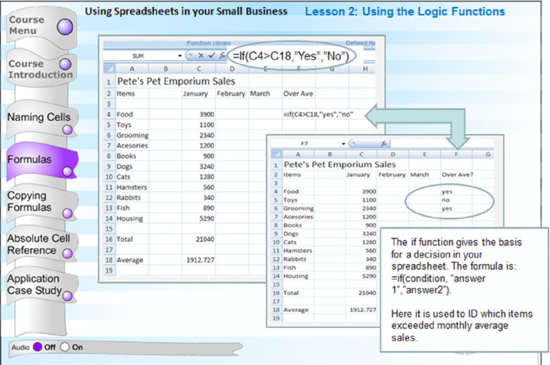 Screen shot shows a tutorial for excel with course menu, title, a spreadsheet and a brief description at the bottom.