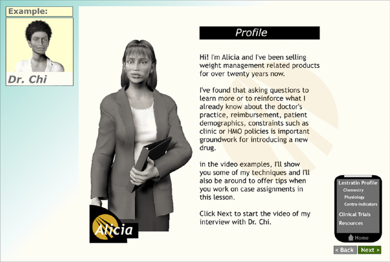 Screen shot shows a title, an image of a woman, text, a menu at the bottom left corner, buttons for back and next and small picture at the top left corner.