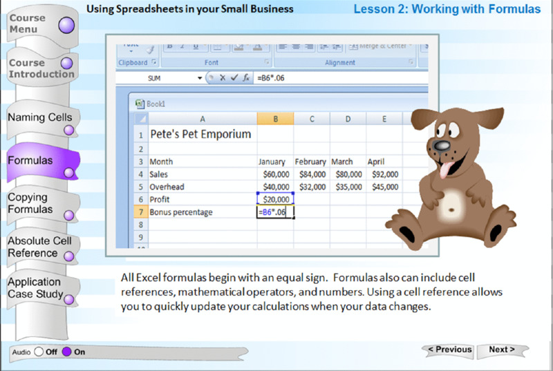 Screen shot shows a tutorial on working with formulas with course menu, title, a spreadsheet, a cartoon image and a brief description.