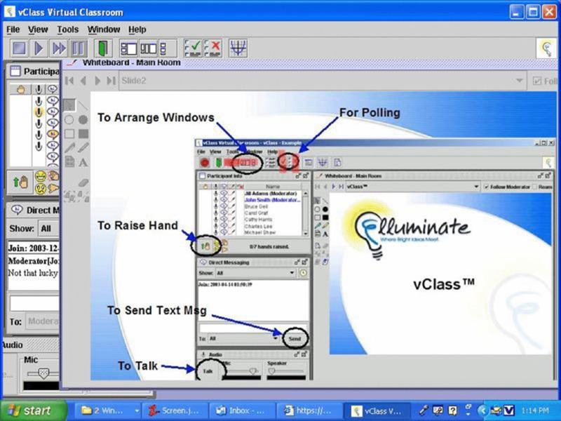 Screen shot shows vClass Virtual Classroom window representing a window image for indicating the locations for polling, to arrange windows, to raise hand, to send Text Msg and to Talk.