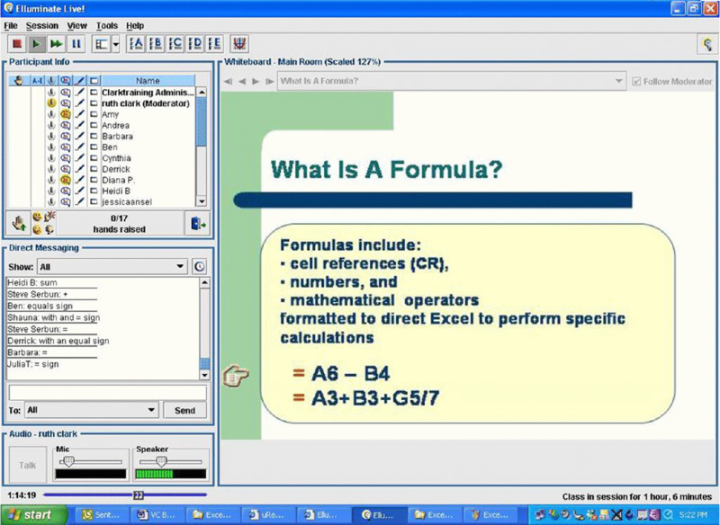 Screen shot shows Elluminate Live window displaying definition for Formula on a whiteboard which includes cell references, numbers and mathematical operators. It also shows a simple calculation.