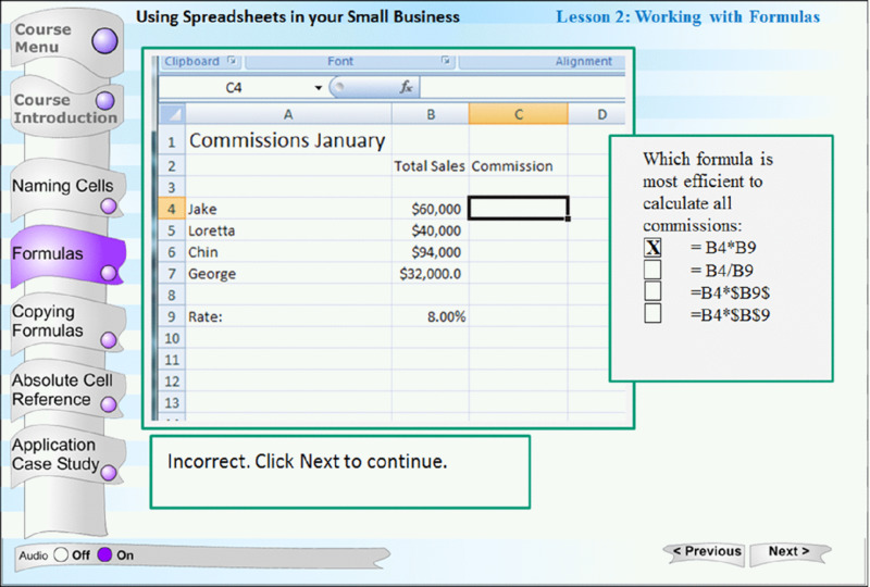 Screen shot shows calculation of total sales commission of four people with a rate of 8 percentage under formulas category using spreadsheet which provides incorrect response.