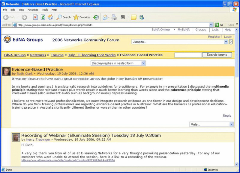 Screen shot shows Networks window with Evidence-based practice page which displays the content of discussion made by two women.