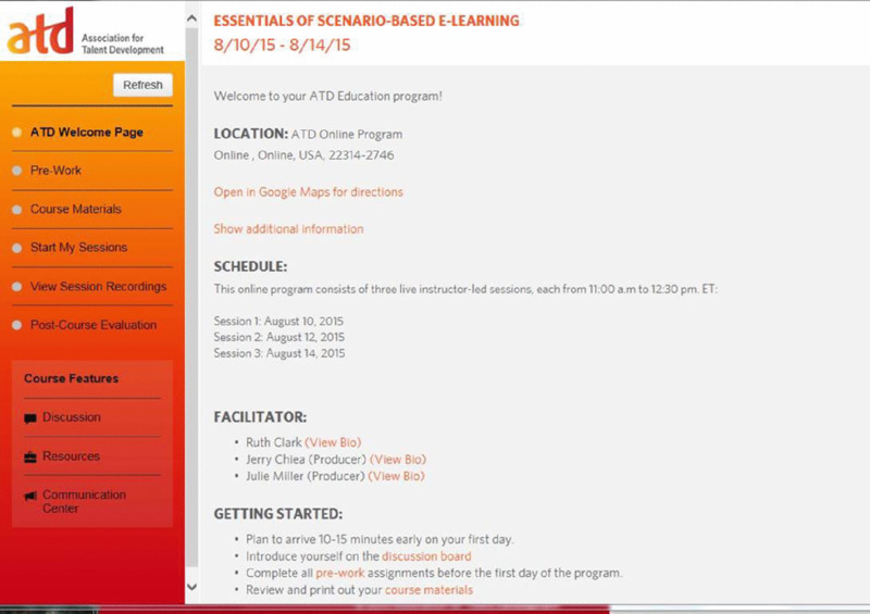 Screen shot shows a portal for essentials of scenario-based E-learning which includes location, schedule, facilitator and getting started data's.