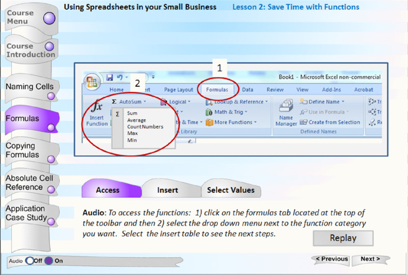 Screen shot shows menu bar in a Microsoft excel sheet and highlights Formulas and Autosum tabs. It selects Formulas, Access and On buttons. 