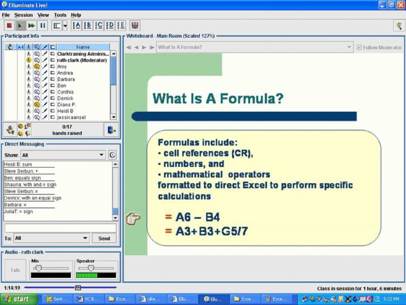 Screen shot shows Elluminate Live window displaying definition for Formula on a whiteboard which includes cell references, numbers and mathematical operators. It also shows a simple calculation.