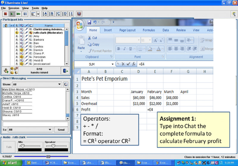 Screen shot shows Elluminate Live window calculating Pete's pet emporium which includes month, sales, overhead and profit from January to April using spreadsheet and displays operators, format and assignment question.