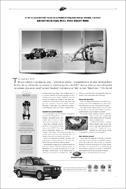 Figure representing an ad for Land Rover's Range Rover car, where two men are standing in a desert with two Range Rovers to their right. The headline for this ad reads, “If we've learned one thing in 30 years of building Range Rovers, it is this. An ostrich egg will feed eight men.” It also outlines some features of the car.