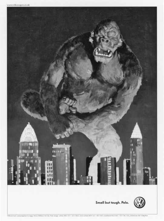 Figure depicting an ad campaign for Volkswagen where a gorilla expressing pain on its face is standing between buildings and holding one of its hind limb. The headline of the ad reads “Small but tough. Polo.”