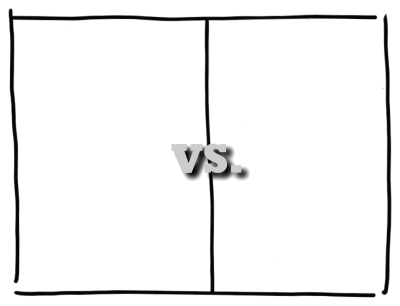 Figure depicting a bisected rectangle with vs. written on the  bisecting line.