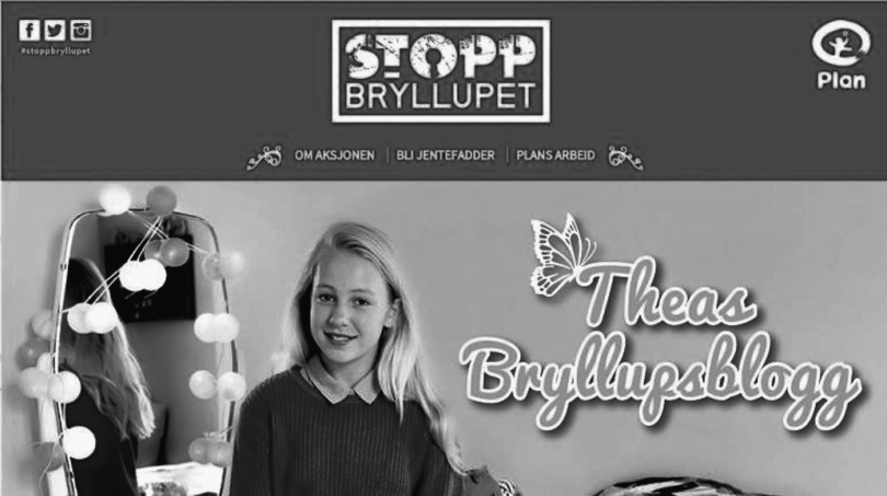 Figure representing a campaign from Plan of Norway to focus on forced marriage of young girls by depicting Thea's wedding blog called Stopp Bryllupet. The picture depicts a young girl and a mirror decorated with lights in the background.