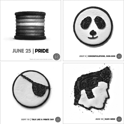 Figure representing four installments from Oreo's Daily twist. Clockwise from upper left: different colors of cream sandwiched between two biscuits to celebrate Gay pride day (June 25), a panda face made out of the biscuit to celebrate Shin-Shin's new baby (July 5), shape of Elvis's face made out of cookies to celebrate Elvis week (August 14), and a pirate's eye patch to celebrate talk like a pirate day (September 19).