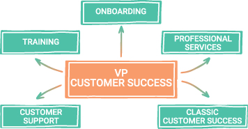 Organization chart depicting VP customer success at the center. Arrows branch out in 5 directions pointing to onboarding, professional services, classic customer success, customer support, and training.