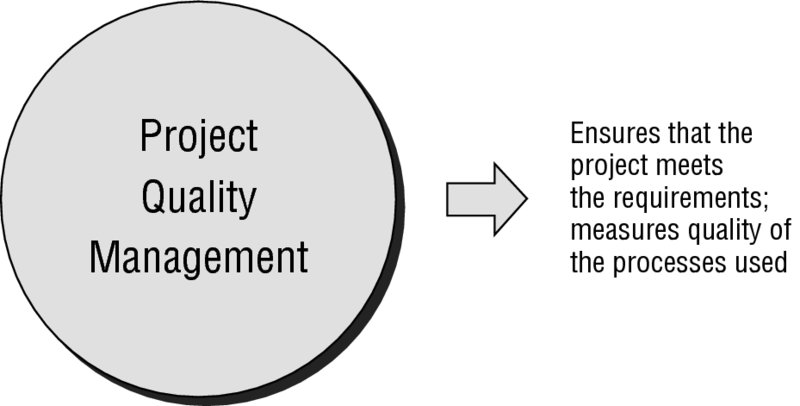 Diagram shows project quality management which ensures that the project meets the requirements and measures quality of the processes used.