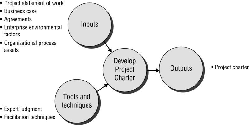 Diagram shows inputs along with tools and techniques connected to develop project charter which produces the outputs.