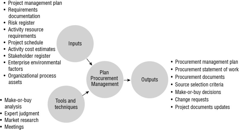 Diagram shows inputs along with tools and techniques connected to plan procurement management produces outputs.