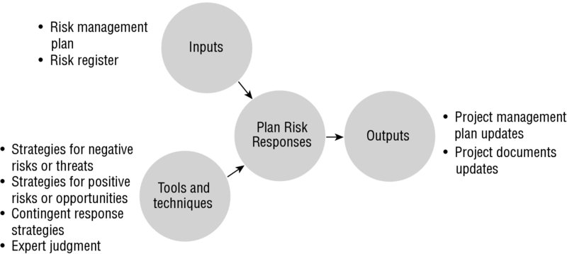 Diagram shows the flow of inputs as well as tools and techniques into the plan risk responses process along with outputs of the process.
