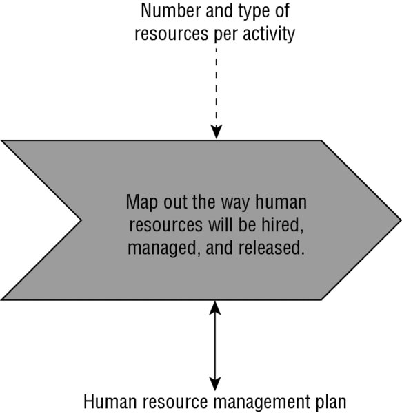 Flow diagram shows number and type of resources per activity, mapping out the way human resources will be hired, managed and released and human resources management plan.