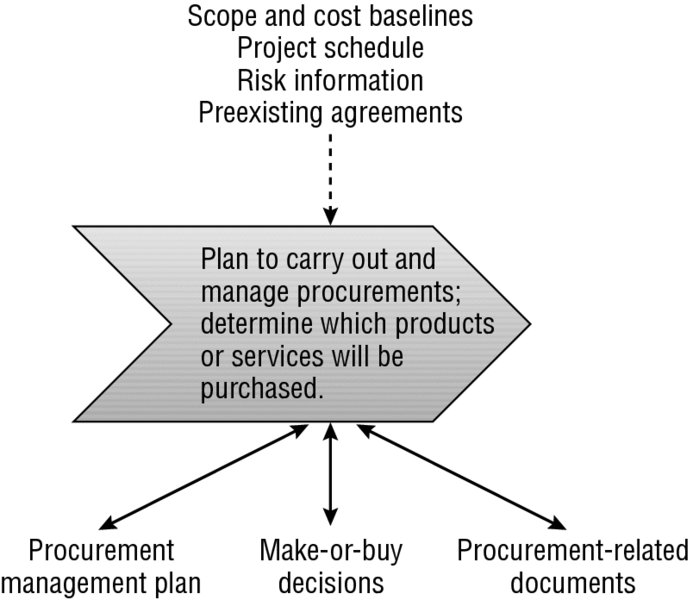 Flow diagram shows plan to carry out and manage procurements and determining which products or services will be purchased along with inputs and outputs of the process.
