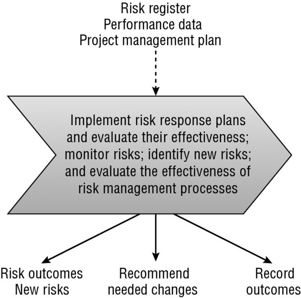Flow diagram shows a process that includes implementing risk response plans, evaluation of their effectiveness, monitoring and identifying risks and evaluation of effectiveness of risk management along with inputs and outputs.