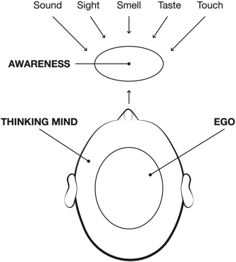 The figure depicts the objective view of the thinking mind. The outer ring and the innermost part of the mind represent the thinking mind as a whole and the ego, respectively, and the sensation of sound, sight, smell, taste, and touch is represented with awareness.