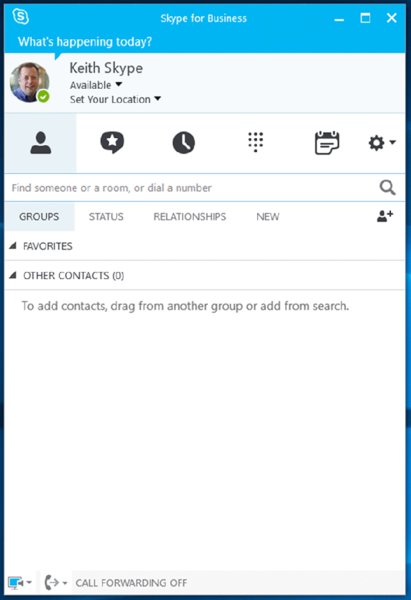 Screenshot shows user startup screen with user name, status, location and selected contact tab.  The subtabs for groups, status, relationships and new is shown along with search field for finding contacts.