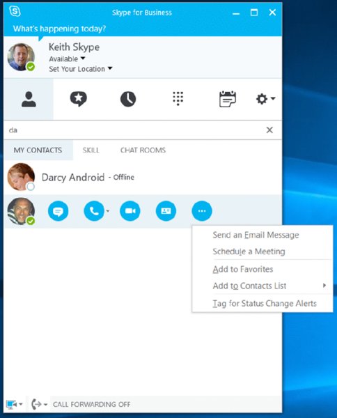 Screenshot shows a user's Skype window with da typed in the search field. The search result shows two contacts and a popup showing options such as send an email message, schedule a meeting, add to favorites et cetera.