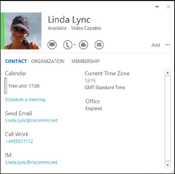 Screenshot shows user contact card displaying contact information such as name, mail id, phone number, available status and location, IM id along with buttons for message, call, mail and chat.