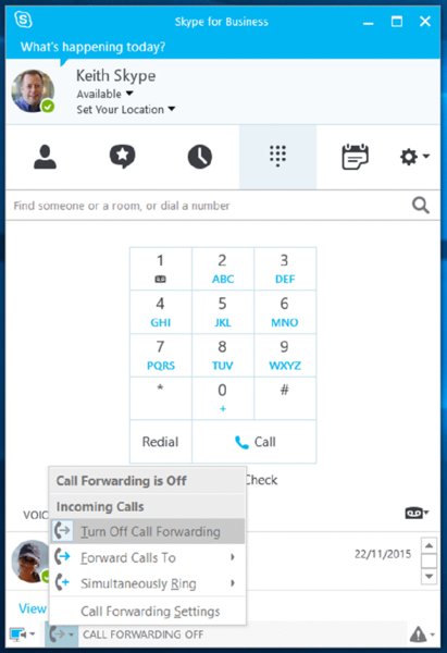 Screenshot of a user's Skype window shows a dial pad and popup menu for call forwarding settings with options for simultaneously ring, turn off call forwarding and forward call to. 