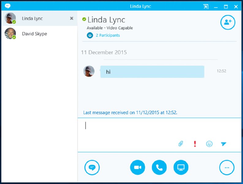 Screenshot shows a conversation window with contact details, date, conversations, message field for typing messages and buttons for video call, audio call, add contacts et cetera.  