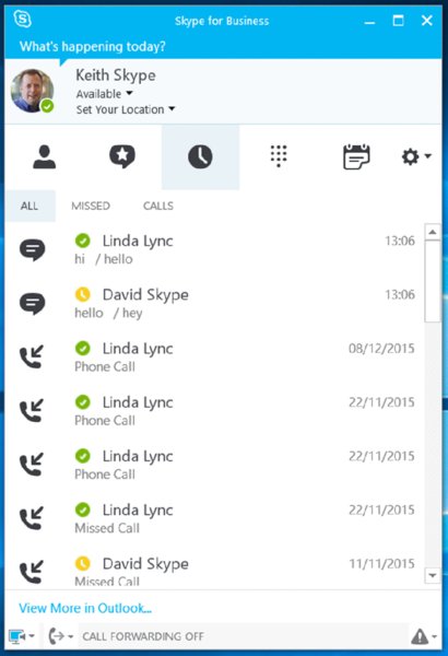 Screenshot shows a user's Skype window with conversations tab selected. List of conversations along with contact name, date, time is displayed below. 