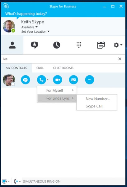 Screenshot shows a user's Skype window with contacts tab selected and a popup menu.