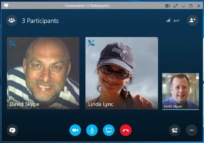 Screenshot shows three participants profile pictures along with buttons for video call, mic, end call, message et cetera.