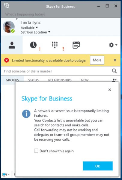 Screenshot shows a user's Skype window with a popup window displaying network or server issue.