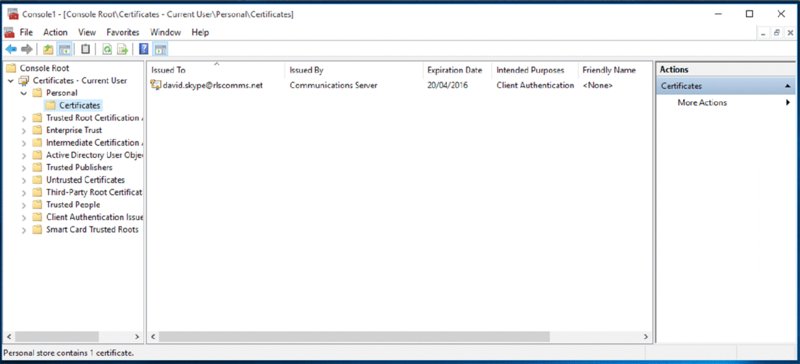 Screenshot shows a console window displaying certificate information in a row where each column represents details such as issued to, issued by, expiration date, intended purposes and friendly name.
