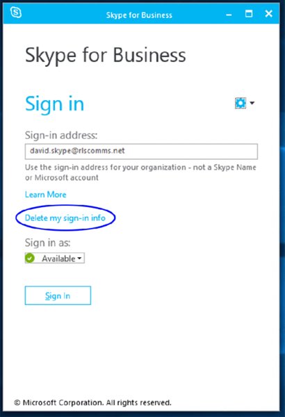 Screenshot shows a Skype sign in window with text box for sign-in address and links provided for learn more and delete my sign-in info along with a button for sing in.