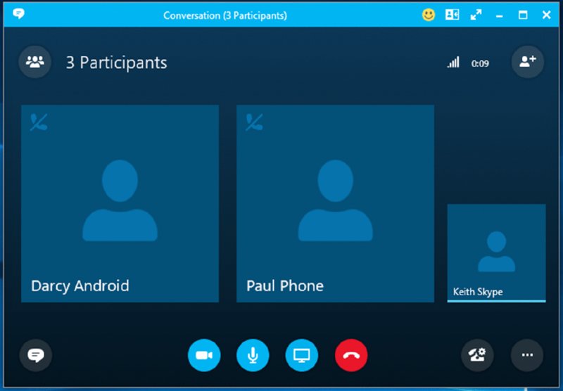 Screenshot shows default images of three contacts along with buttons for video call, mute, end call and IM.