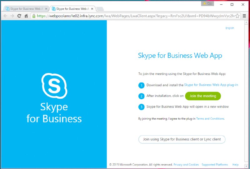 Screenshot shows Google chrome browser window displaying Skype for Business WebApp with Join the meeting button.