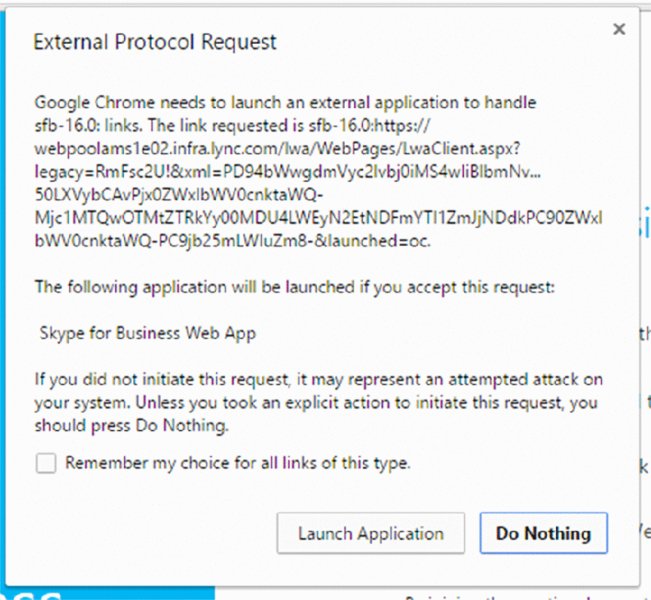 Screenshot shows external protocol request window with a message, checkbox for remember my choice for all links of this type and buttons provided for launch application and do nothing.