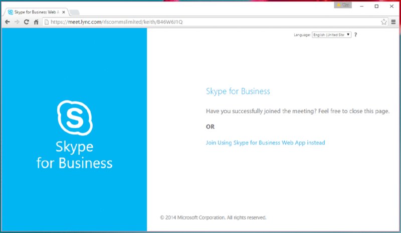 Screenshot shows a notification window with a dropdown for selecting language, Skype logo along with title Skype for Business on left, a question asked to the user about joining meeting and a link to launch Skype for Business WebApp.