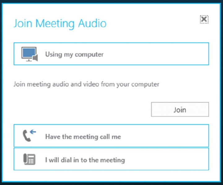 Screenshot shows a window providing the user with options such as using my computer, have the meeting call me, I will dial in to the meeting with a join button.