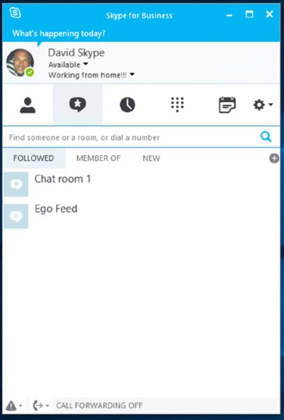 Screenshot shows a Skype window with chat tab opened and a list of chat groups is displayed along with a searchfield. 