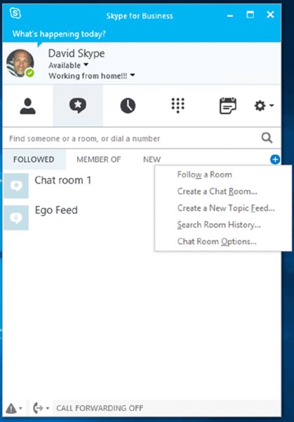 Screenshot shows a Skype window with chat tab opened. A popup box with options such as follow a room, create a chat room, create a new topic feed, search room history and chat room options is shown.
